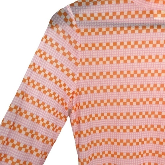 𝅺Anthropologie Maeve Sheer Mesh Turtleneck Top Orange Geometric Print NWT - Picture 5 of 14